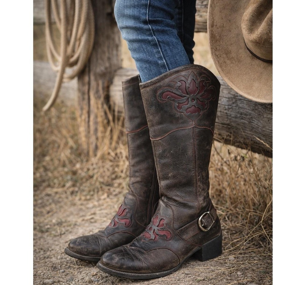 Born Tall Leather Riding Boots Harness Western Distressed‎ Patina Boho Gothic